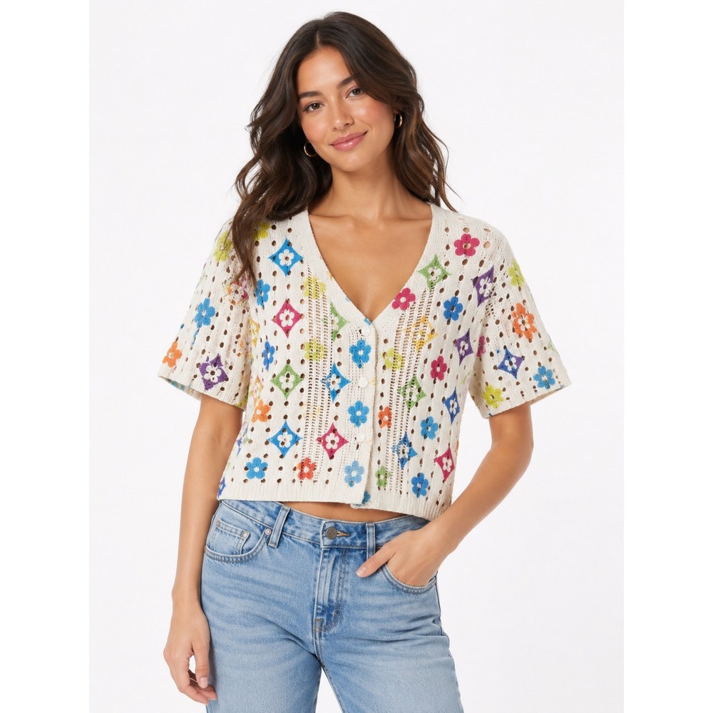 Boutique Knit Flower Cardigan Top Small Multi Color Short Sleeve Button Front